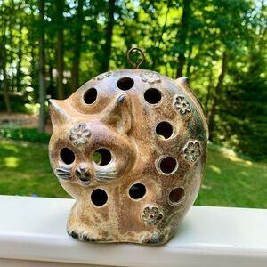Pottery Stoneware Brown Cat Figurine with Tealight Candle 4 3/4”H x 4” W